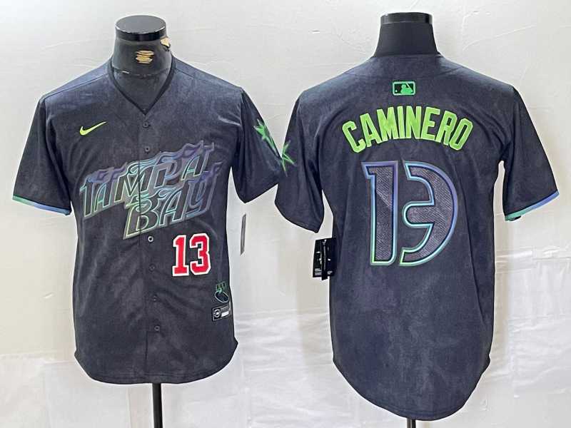 Men%27s Tampa Bay Rays #13 Junior Caminero Number Charcoal 2024 City Connect Limited Stitched Jersey
